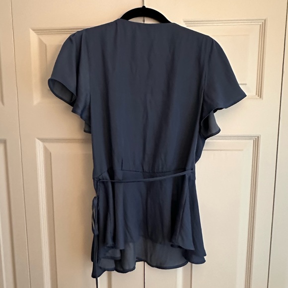 LOFT - Blue Wrap Blouse with Flutter Sleeves - Picture 4 of 5